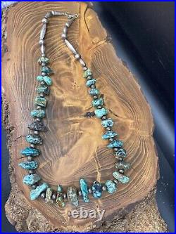 Vintage Native American Sterling Silver Bench Bead & Turquoise Stone Necklace