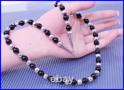 Vintage Native American Sterling Silver Black Jade Bead Necklace 21
