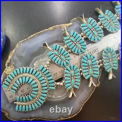Vintage Native American Sterling Silver Block Turquoise Squash Blossom Necklace