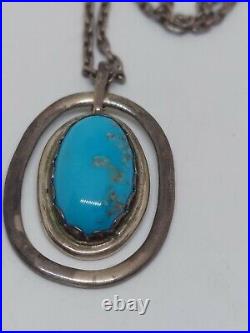Vintage Native American Sterling Silver Blue Turquoise Pendant Necklace