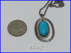 Vintage Native American Sterling Silver Blue Turquoise Pendant Necklace
