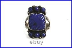 Vintage Native American Sterling Silver Carved Lapis Ring, Signed Lou, 11.25