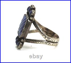 Vintage Native American Sterling Silver Carved Lapis Ring, Signed Lou, 11.25