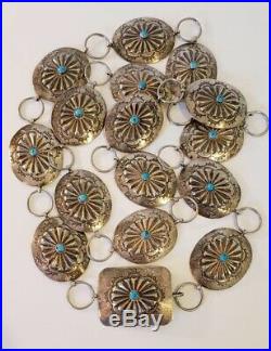 Vintage Native American Sterling Silver Concho Belt Repousse Turquoise