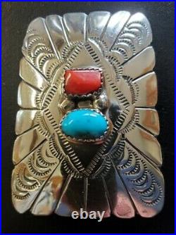 Vintage Native American Sterling Silver Coral & Turquoise Bolo Tie Slide