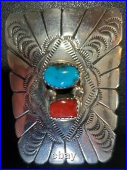 Vintage Native American Sterling Silver Coral & Turquoise Bolo Tie Slide