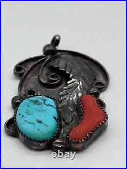 Vintage Native American Sterling Silver Coral & Turquoise Pendant