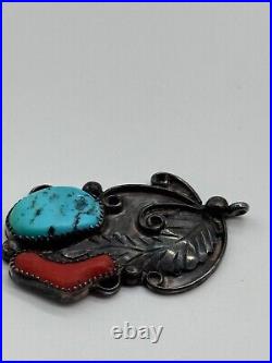 Vintage Native American Sterling Silver Coral & Turquoise Pendant