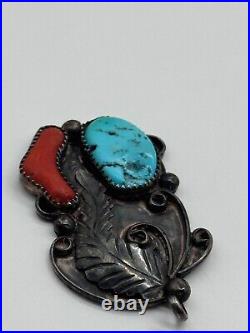 Vintage Native American Sterling Silver Coral & Turquoise Pendant
