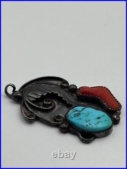 Vintage Native American Sterling Silver Coral & Turquoise Pendant