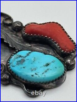 Vintage Native American Sterling Silver Coral & Turquoise Pendant