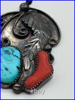 Vintage Native American Sterling Silver Coral & Turquoise Pendant
