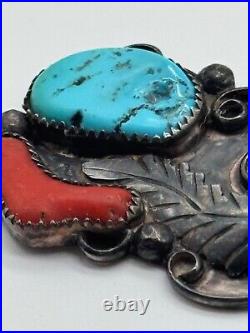 Vintage Native American Sterling Silver Coral & Turquoise Pendant