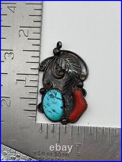 Vintage Native American Sterling Silver Coral & Turquoise Pendant