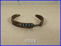 Vintage Native American Sterling Silver Cuff Bracelet Feather Design w Turquoise