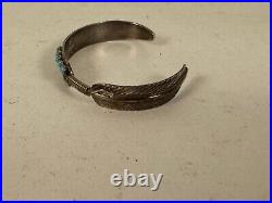 Vintage Native American Sterling Silver Cuff Bracelet Feather Design w Turquoise