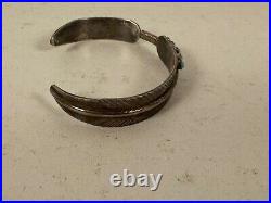 Vintage Native American Sterling Silver Cuff Bracelet Feather Design w Turquoise