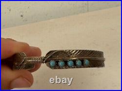 Vintage Native American Sterling Silver Cuff Bracelet Feather Design w Turquoise