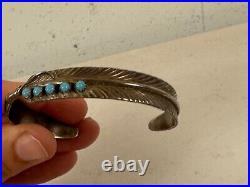 Vintage Native American Sterling Silver Cuff Bracelet Feather Design w Turquoise