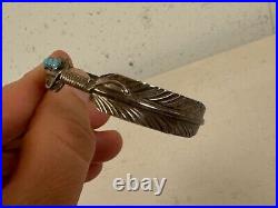 Vintage Native American Sterling Silver Cuff Bracelet Feather Design w Turquoise