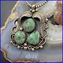 Vintage Native American Sterling Silver Decorated Turquoise Pendant For Women