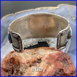 Vintage Native American Sterling Silver Double Row Turquoise Bracelet For Men