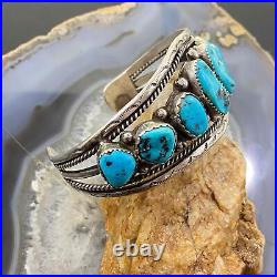 Vintage Native American Sterling Silver Graduated Turquoise Bracelet For Men