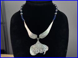 Vintage Native American Sterling Silver Hammered Pendant Beaded Lapis Necklace