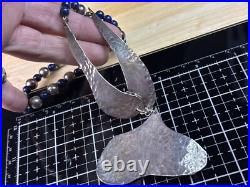 Vintage Native American Sterling Silver Hammered Pendant Beaded Lapis Necklace