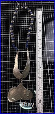 Vintage Native American Sterling Silver Hammered Pendant Beaded Lapis Necklace