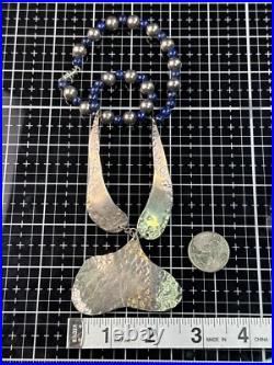 Vintage Native American Sterling Silver Hammered Pendant Beaded Lapis Necklace