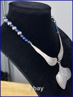 Vintage Native American Sterling Silver Hammered Pendant Beaded Lapis Necklace