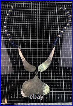 Vintage Native American Sterling Silver Hammered Pendant Beaded Lapis Necklace
