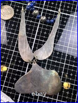 Vintage Native American Sterling Silver Hammered Pendant Beaded Lapis Necklace