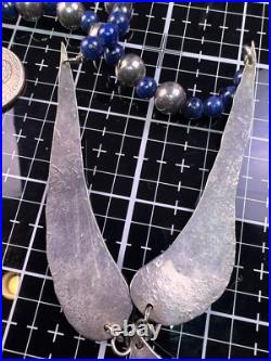 Vintage Native American Sterling Silver Hammered Pendant Beaded Lapis Necklace