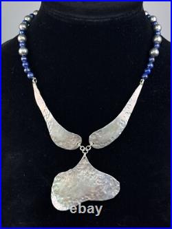 Vintage Native American Sterling Silver Hammered Pendant Beaded Lapis Necklace