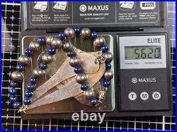 Vintage Native American Sterling Silver Hammered Pendant Beaded Lapis Necklace