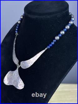 Vintage Native American Sterling Silver Hammered Pendant Beaded Lapis Necklace