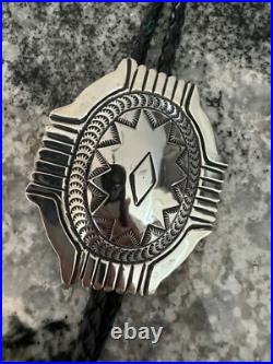 Vintage Native American Sterling Silver Hand Stamped Domed Councho Bolo Tie