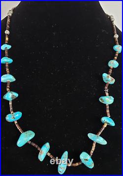 Vintage Native American Sterling Silver Handmade Beads & Turquoise Necklace