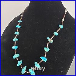 Vintage Native American Sterling Silver Handmade Beads & Turquoise Necklace