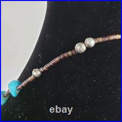 Vintage Native American Sterling Silver Handmade Beads & Turquoise Necklace