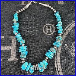 Vintage Native American Sterling Silver Handmade Beads & Turquoise Necklace 18