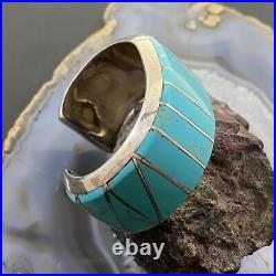 Vintage Native American Sterling Silver Heavy & Solid Inlay Turquoise Bracelet