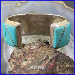 Vintage Native American Sterling Silver Heavy & Solid Inlay Turquoise Bracelet