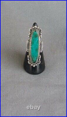 Vintage Native American Sterling Silver Long Unknown Blue Green Stone Ring 6 1/2