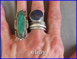Vintage Native American Sterling Silver Long Unknown Blue Green Stone Ring 6 1/2