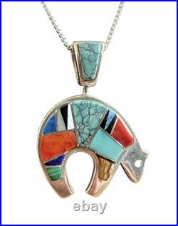 Vintage Native American Sterling Silver Multi-Stone Bear Pendant & Necklace 20