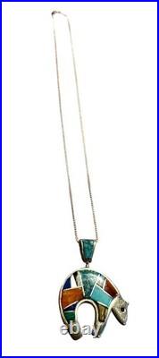 Vintage Native American Sterling Silver Multi-Stone Bear Pendant & Necklace 20