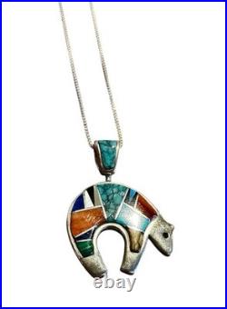 Vintage Native American Sterling Silver Multi-Stone Bear Pendant & Necklace 20